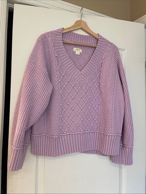 Maeve Lilac Cable-Knit V-Neck Sweater